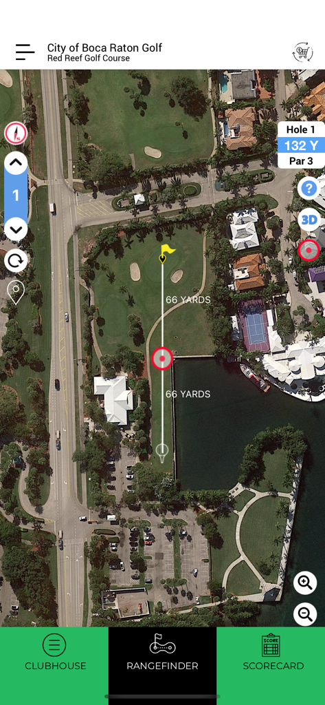 City of Boca Raton Golf - Función de telémetro GPS en la aplicación móvil de golf de Boca Ratón que muestra una vista satelital del campo.