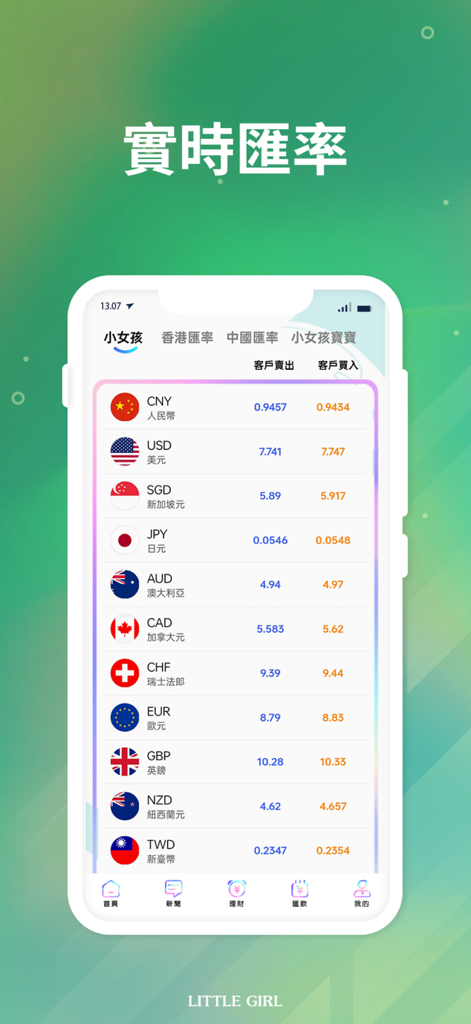 Little Girl-EX - Real-time currency exchange rates on the Little Girl-EX mobile app screen.