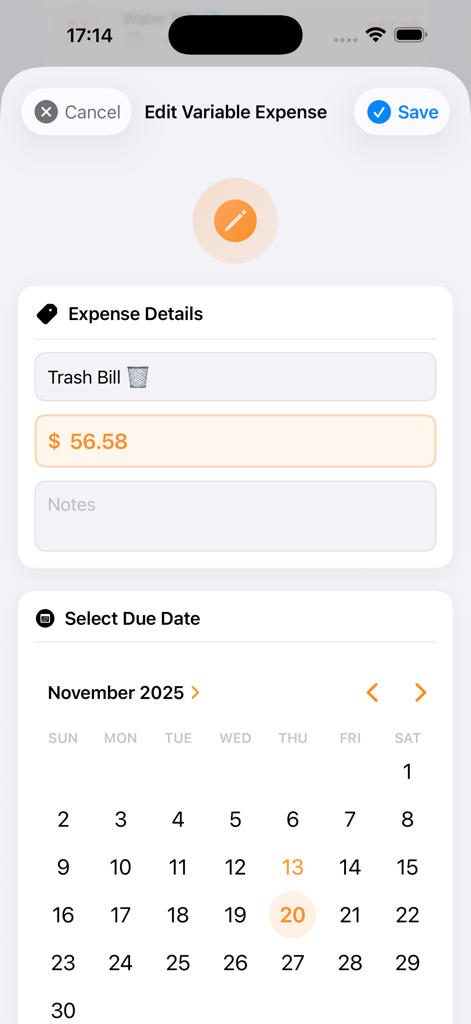 Rent Easy Ledger - A landlord app screen to edit variable expenses with a cost field and a monthly calendar