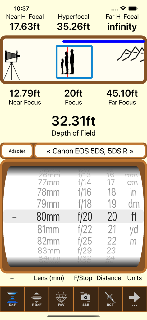 SetMyCameraDF app interface displaying depth of field and hyperfocal distance calculations for professional photographers