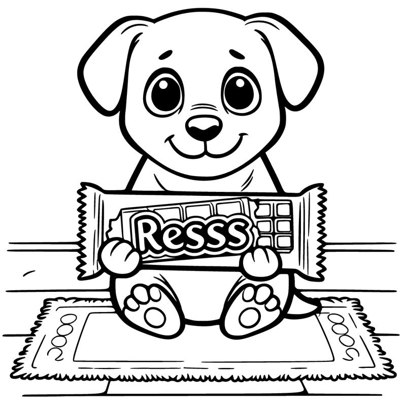 a dog holding a bar of reses chocolate sitting on a carpet