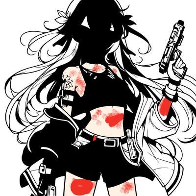 bad girl wearing crop top holding a gun long hair anime