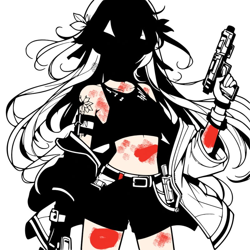 bad girl wearing crop top holding a gun long hair anime
