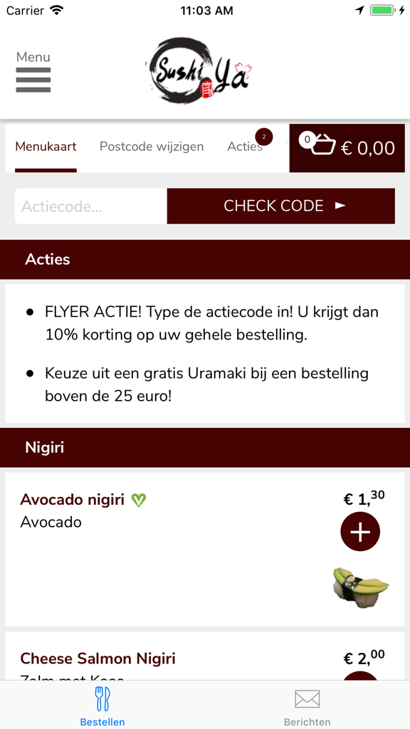 Sushi Ya - Sushi Ya mobile app interface showing nigiri menu items and discount promotions