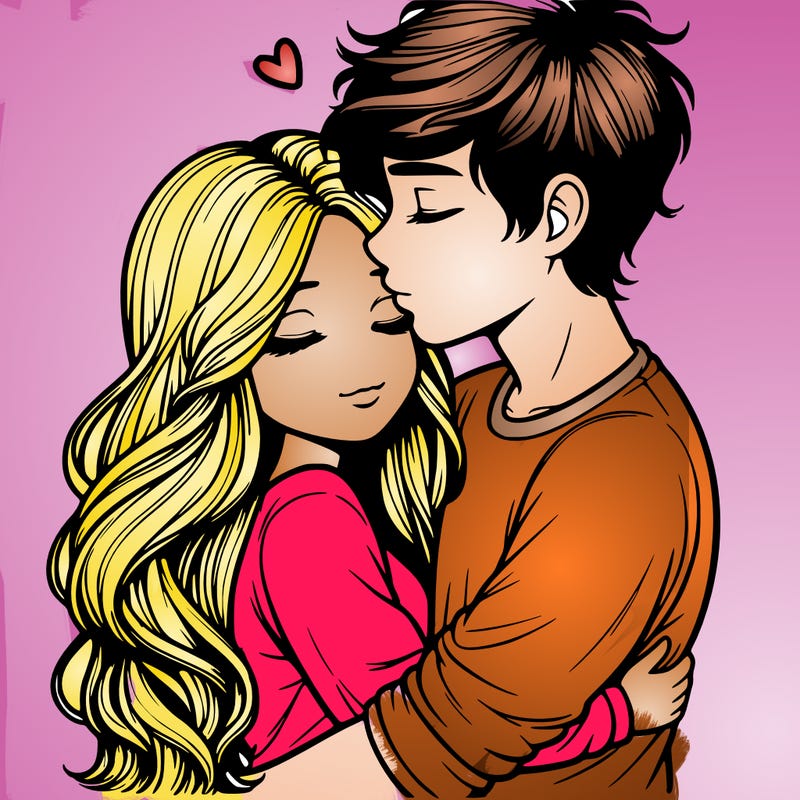 a realistic couple boy and girl hugging and kissing