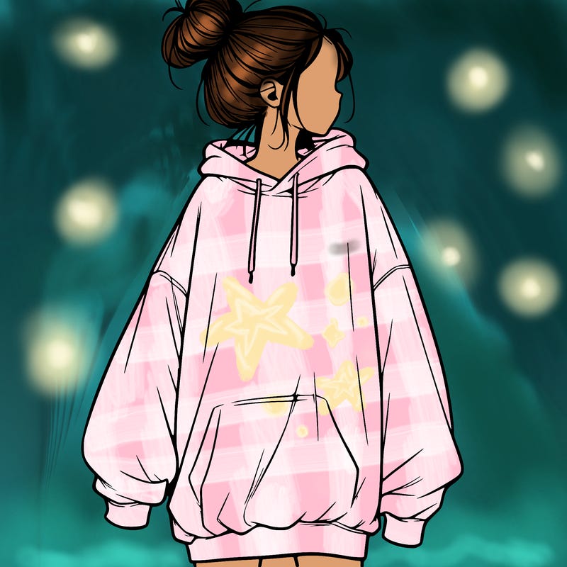 realistic girl with a oversized sweatshirt on and a bun