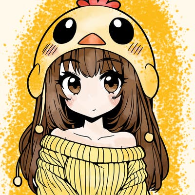 anime girl with chick shaped hat with sweater with bare shoulders with bangs covering them one eye with low tail