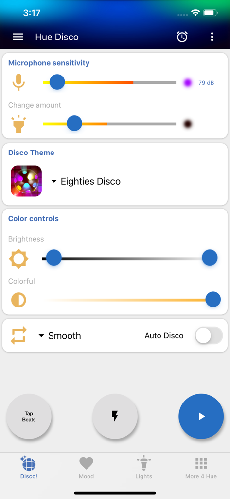 Hue Disco - Hue Disco app interface with music sensitivity and light color controls