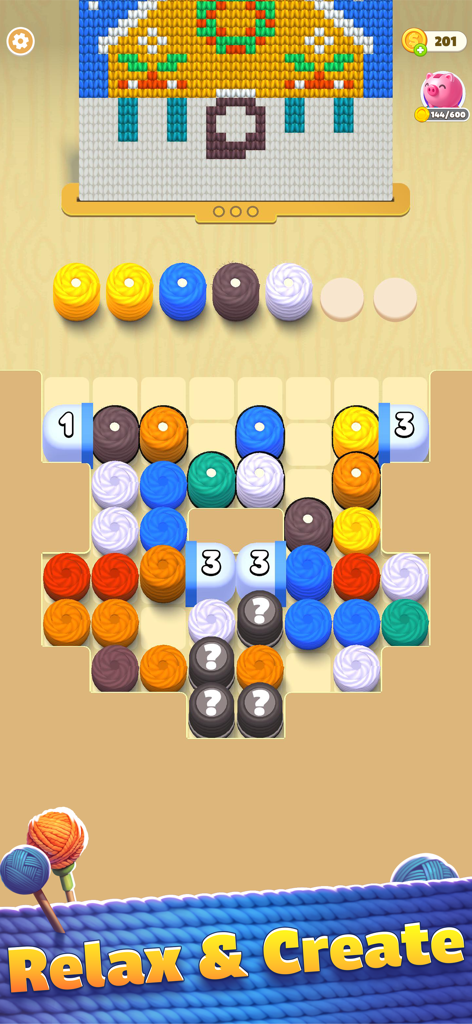 Thread Jam - Untangle 3D Ropes - Gameplay of Thread Jam featuring a color sorting puzzle and a decorative house embroidery design