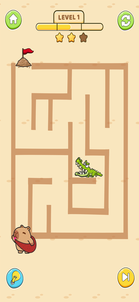 Gameplay screenshot of Capy Rush Race showing a capybara character in a maze level with a crocodile obstacle