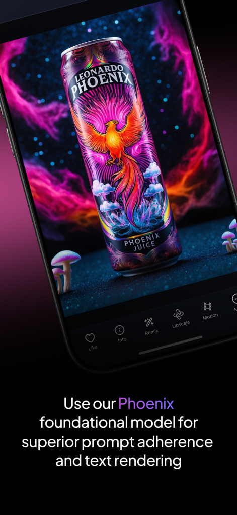 Leonardo.Ai - Image Generator - Una imagen de alta calidad generada por IA de una lata de bebida energética Leonardo Phoenix mostrando una representación de texto superior y adherencia al prompt.