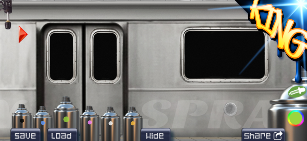 Graffiti Spray Can Art - KING - Interface d'une application d'art de graffiti numérique présentant une toile de métro et une rangée de bombes de peinture colorées