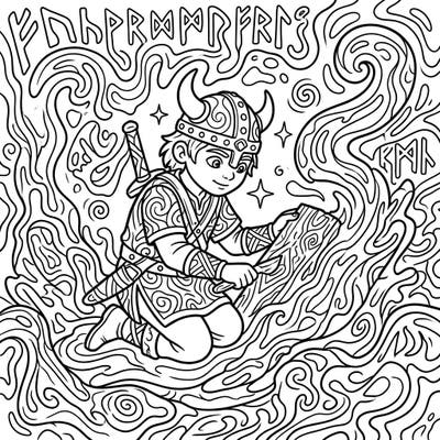 Embark on an epic coloring journey with this captivating Viking child, immersed in a world of swirling psychedelic art. This intricate design offers a unique blend of ancient lore and mind-bending patterns, perfect for creative minds.