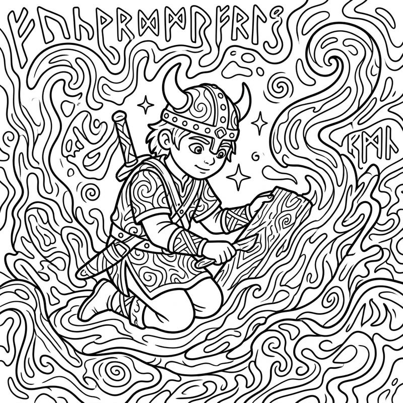 Embark on an epic coloring journey with this captivating Viking child, immersed in a world of swirling psychedelic art. This intricate design offers a unique blend of ancient lore and mind-bending patterns, perfect for creative minds.