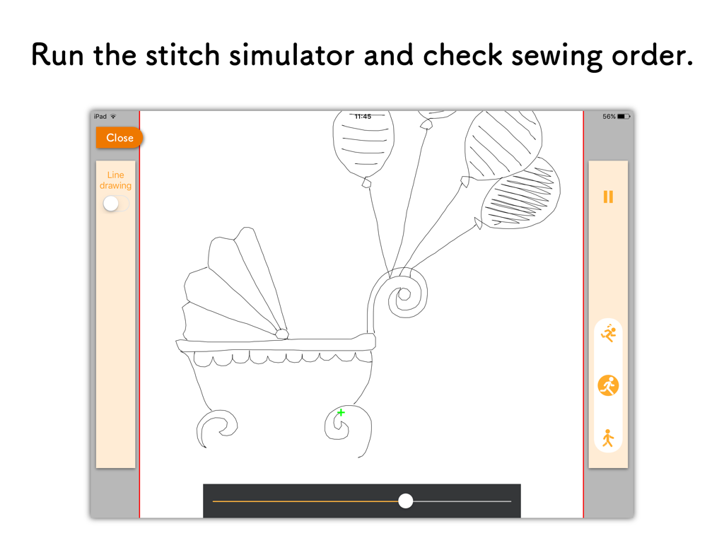AcuSketch - AcuSketch stitch simulator interface showing a sketched baby carriage with balloons