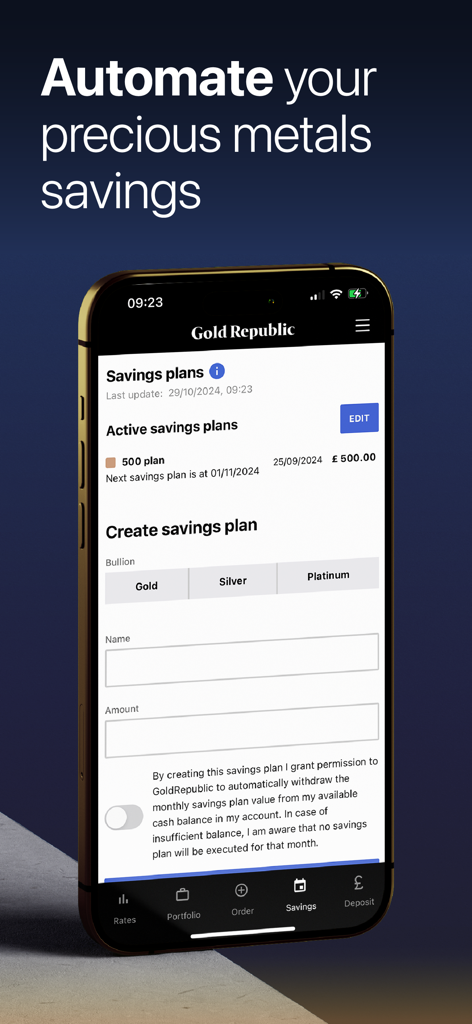 Interface de l'application GoldRepublic montrant les options pour automatiser l'épargne en métaux précieux en or, argent et platine