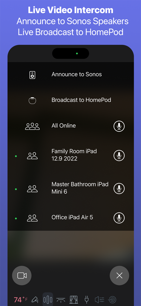 Live video intercom and audio broadcast interface in the Roomie Remote app