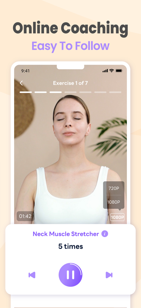 FaceYogi - Face Yoga, Massage - FaceYogiアプリのオンラインコーチング画面で、首の筋肉を伸ばすエクササイズビデオが表示されている様子。