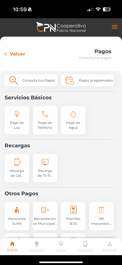 CPN Móvil - CPN Movil app screen showing various payment options for utilities and taxes in Ecuador