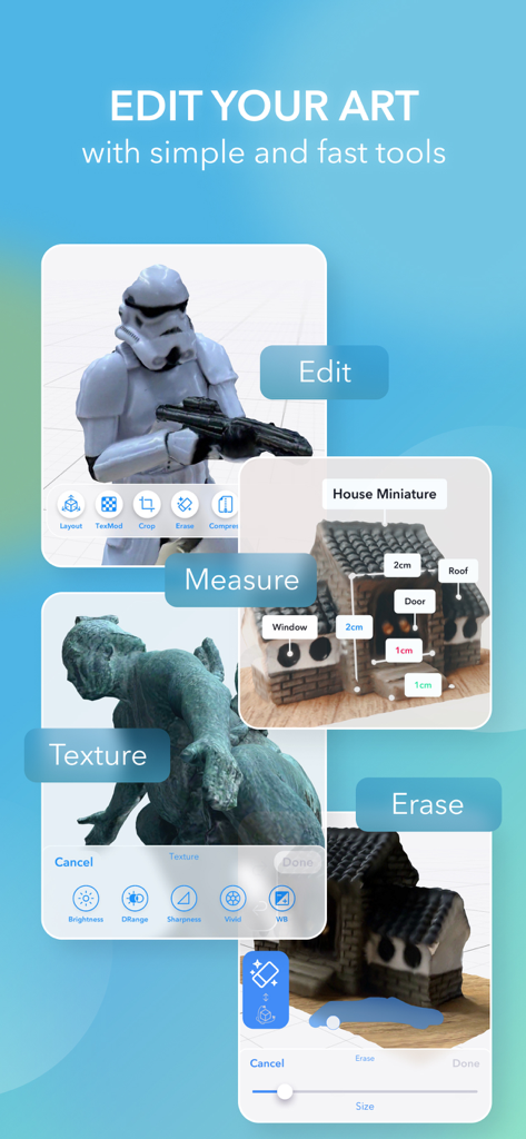 WIDAR - 3D Scan & Edit - WIDAR app interface showing 3D model editing tools including measuring and texturing