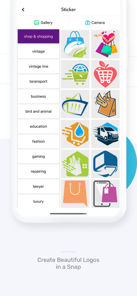Logo Maker - Logo Templates - カテゴリメニュー付きのさまざまなショッピングやビジネスのロゴステッカーを表示するモバイルアプリ画面。