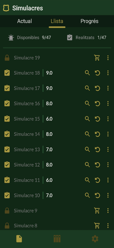 Lista de exames simulados e pontuações no aplicativo de estudo Academia Agentes Rurais