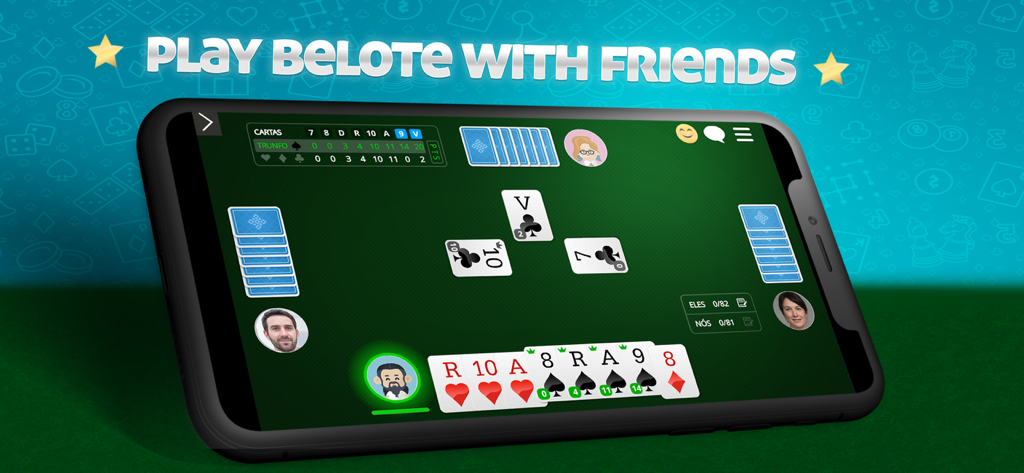 Écran de smartphone montrant une partie de Belote en cours avec le texte Jouez à la Belote entre amis