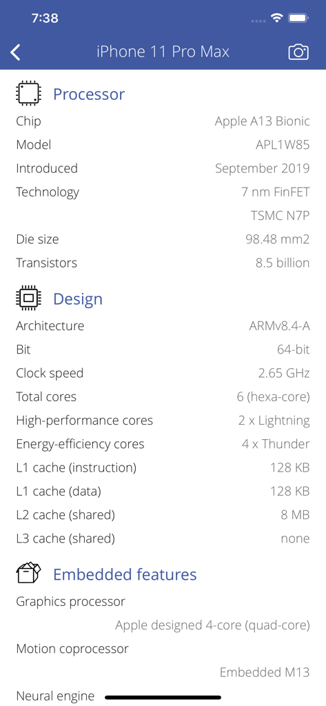 Printer Discover - Detailed hardware specifications for iPhone 11 Pro Max showing A13 Bionic processor and architecture info