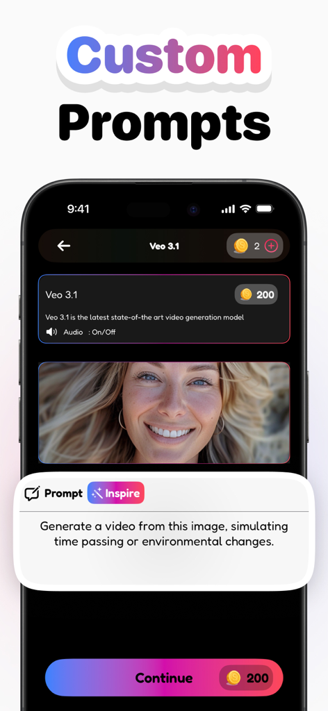 Sivu AI Video Photo Generator - Sivu AI app interface showing custom prompt options for generating video from a photo