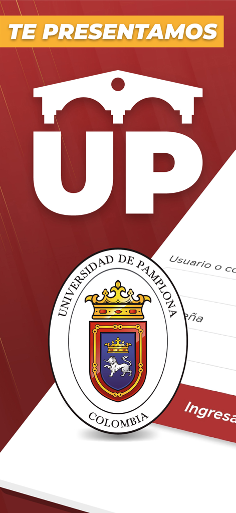 Mi Campus UP - Écran d'accueil de l'application Mi Campus UP présentant le logo de l'Universidad de Pamplona et une vue partielle de l'écran de connexion.