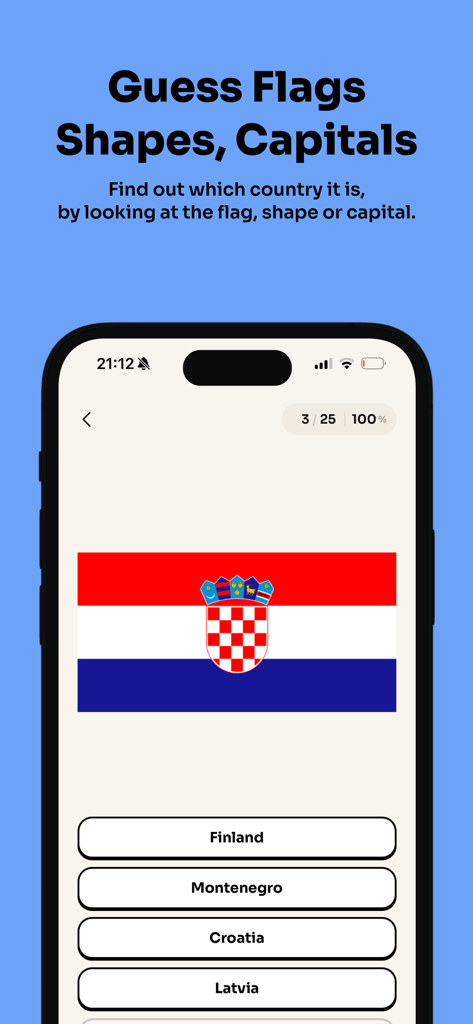国の選択肢がある国旗識別クイズを特集した地理トリビアアプリ画面。