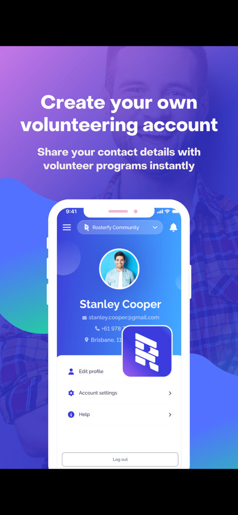 Rosterfy - Pantalla de la aplicación móvil Rosterfy que muestra una página de perfil de voluntario con la configuración de la cuenta y los detalles personales.