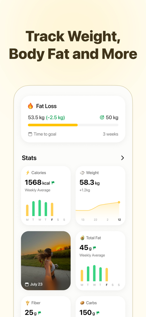 Fitia: Calorie Counter & Diet - Fitia mobile app dashboard showing weight, body fat, calorie tracking, and nutritional statistics.