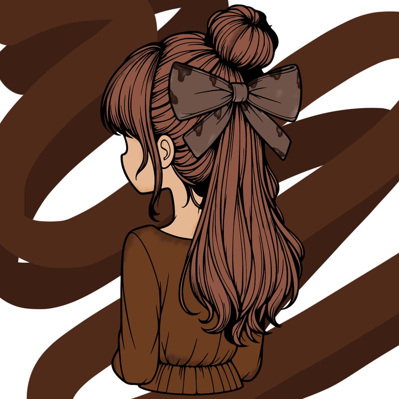 realistic girl  with hip length hair a bun and a big bow on the back of head