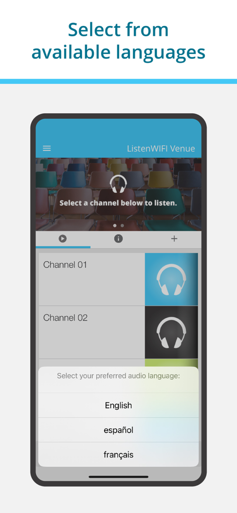ListenWIFI app interface showing language selection menu for English, Spanish, and French audio channels.