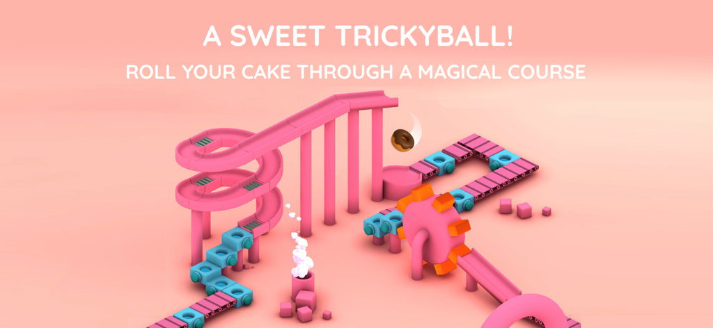 Pango Bakery: Obstacle Course - A chocolate donut rolling through a magical pink obstacle course with slides and gears.