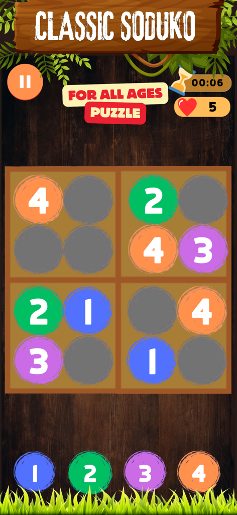 Cuadrícula de rompecabezas lógico de Sudoku colorida de 4x4 con círculos numerados sobre un fondo de madera