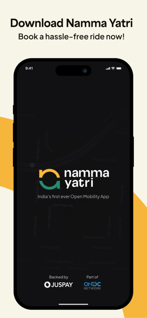 Namma Yatri - Ride Booking App - Namma Yatri splash screen on a mobile phone displaying its logo and tagline India's first ever Open Mobility App