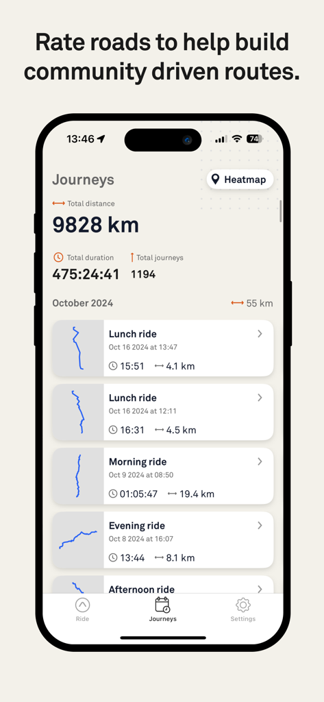 Pantalla de Trayectos de la aplicación Beeline que muestra una lista de viajes en bicicleta pasados y estadísticas totales de ciclismo