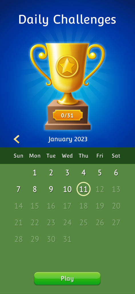 Daily Challenges interface of Solitaire classic card game with a golden trophy and monthly calendar.