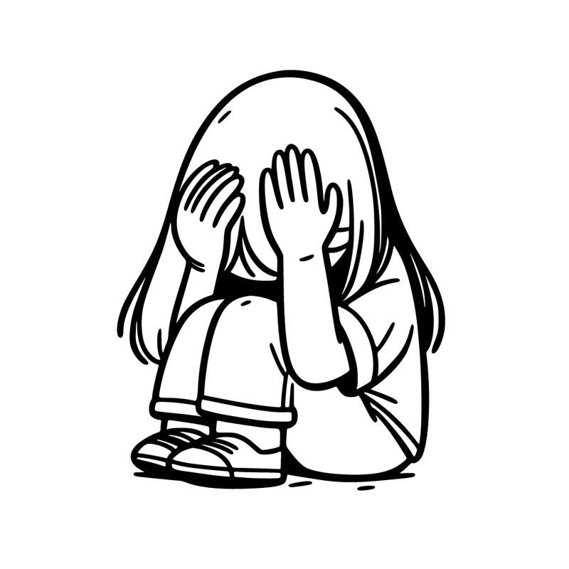 girl sitting down covering her head