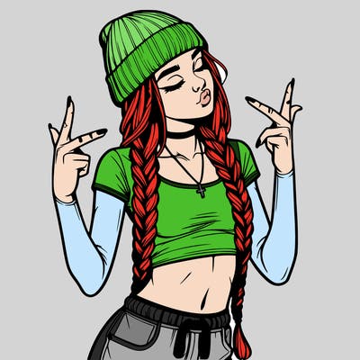 realistic teenage girl with braids and a beanie and crop top doing 🫶🏼