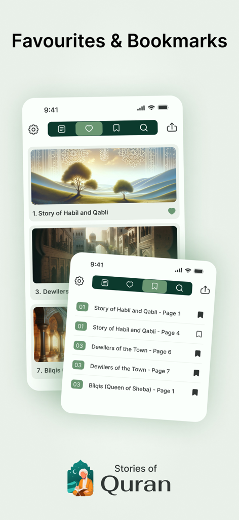 Quran Stories in Islam - Mobile interface of the Quran Stories in Islam app showing the favorites and bookmarks features for tracking reading progress.