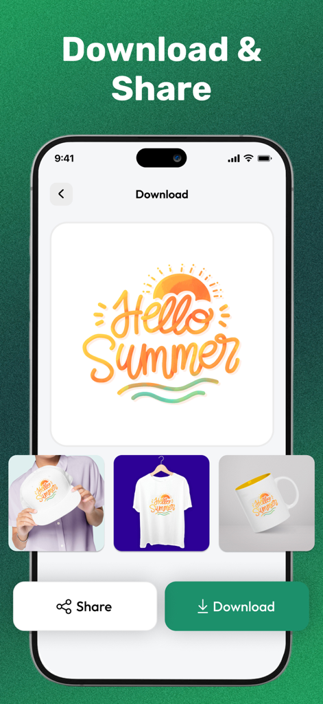 Cutout-Design Space for Cricut - Interface mostrando um design 'Hello Summer' e mockups de produtos em um chapéu, camiseta e caneca com botões de download e compartilhamento.