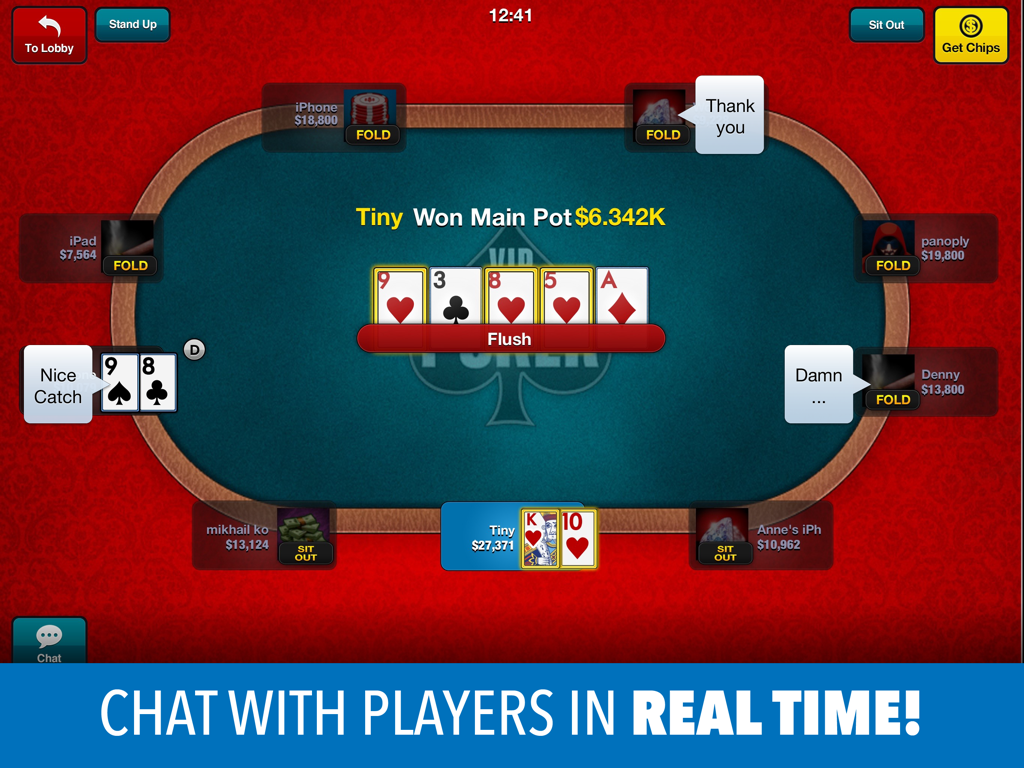 Capture d'écran du gameplay de VIP Poker HD montrant une table de Texas Hold'em avec des bulles de chat de joueurs en temps réel.