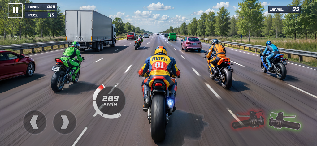 Rider 3D Racing Bike Games - A high-speed motorcycle race in Rider 3D showing multiple bikes and cars on a sunlit highway.