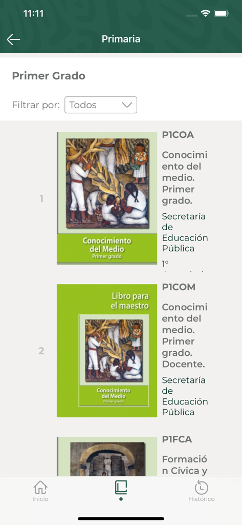 Aplicación CONALITEG Digital mostrando un catálogo de libros de texto de primaria mexicanos para primer grado.