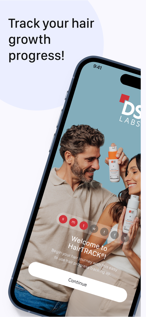 The HairTRACK app welcome screen featuring hair growth tracking features and DS Laboratories products.