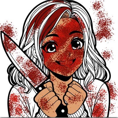 a realistic girl holding a knife and grinning