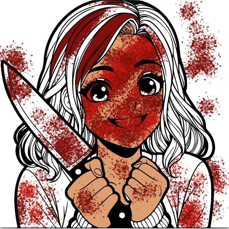 a realistic girl holding a knife and grinning